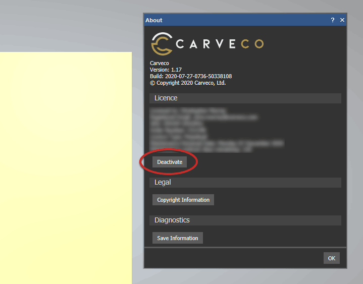 Deactivate Carveco license button