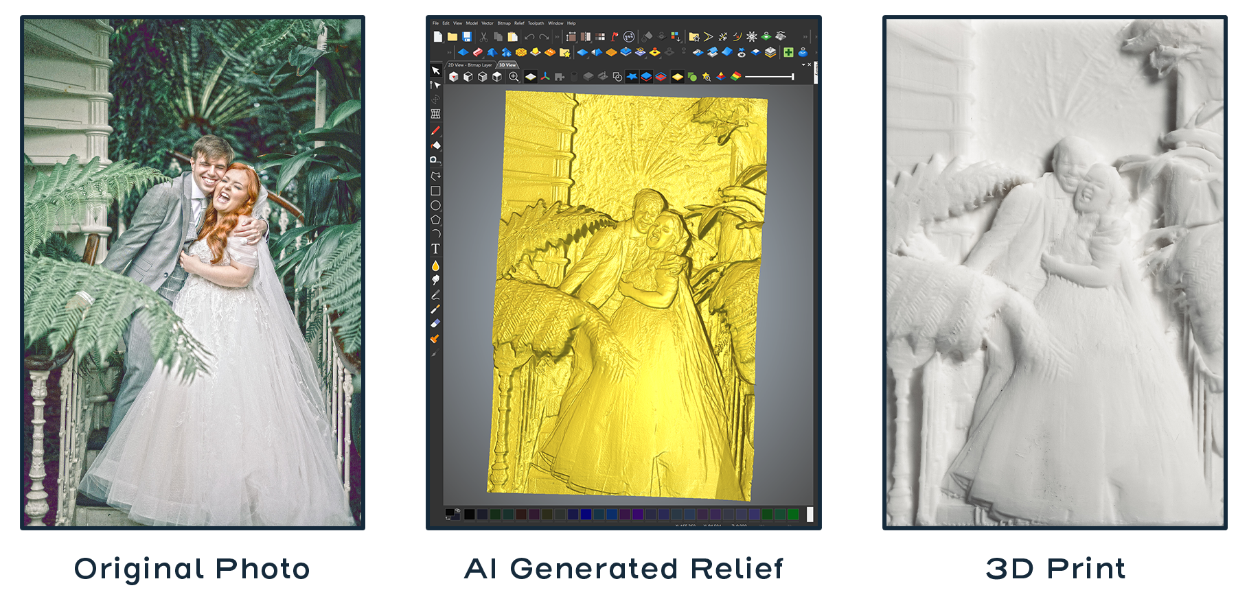 An image of Lucy Edwards and her husband on their wedding day is on the right. Then an image of the 3D AI generated relief in Carveco's software is in the middle and the final result of the 3D printed tactile relief is on the left.