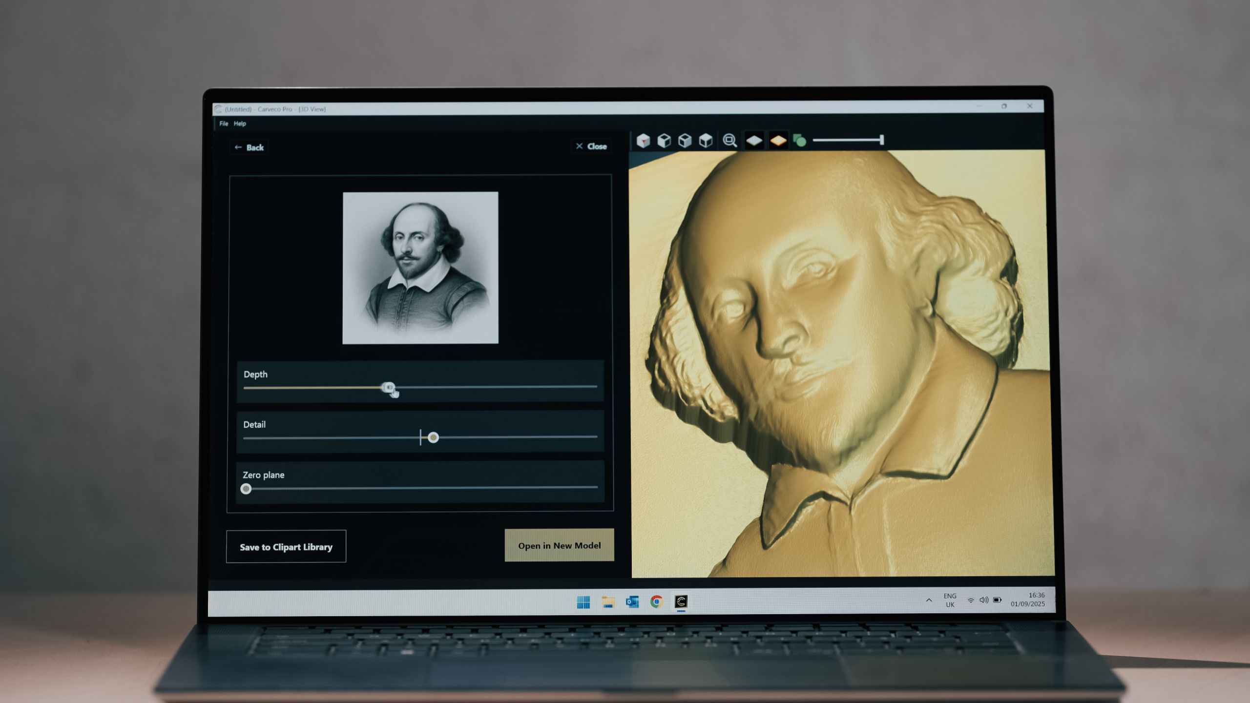 A laptop displays Carveco's AI software, which shows an image of William Shakespeare on the right and a AI generated relief of the same image on the left.