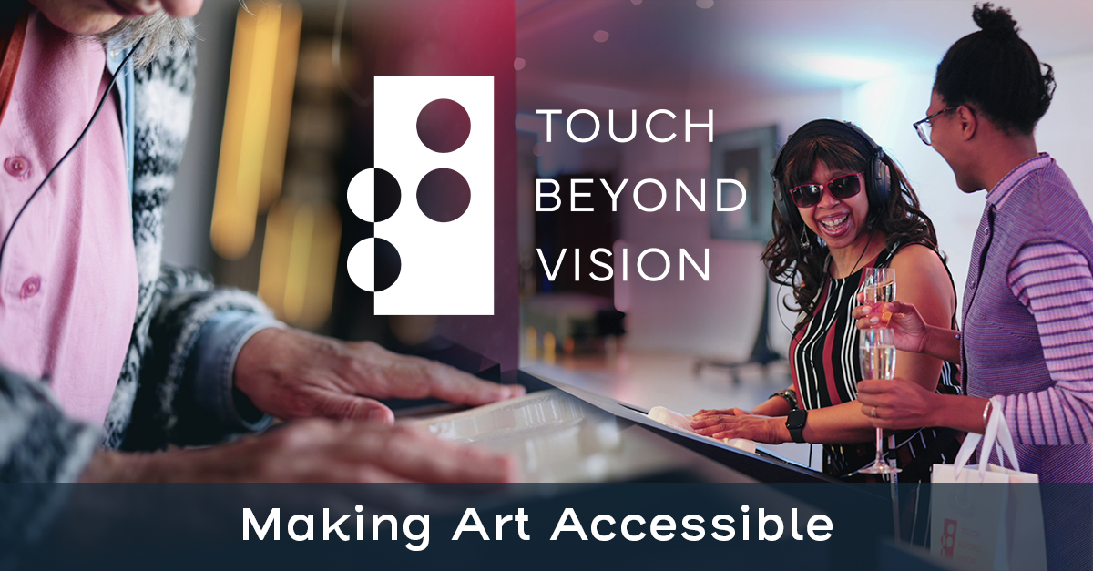 Visitors at the OXO2 Gallery in London explore the tactile artwork on display with their fingertips. The Touch Beyond Vision logo is overlayed with the words "Making Art Accessible"
