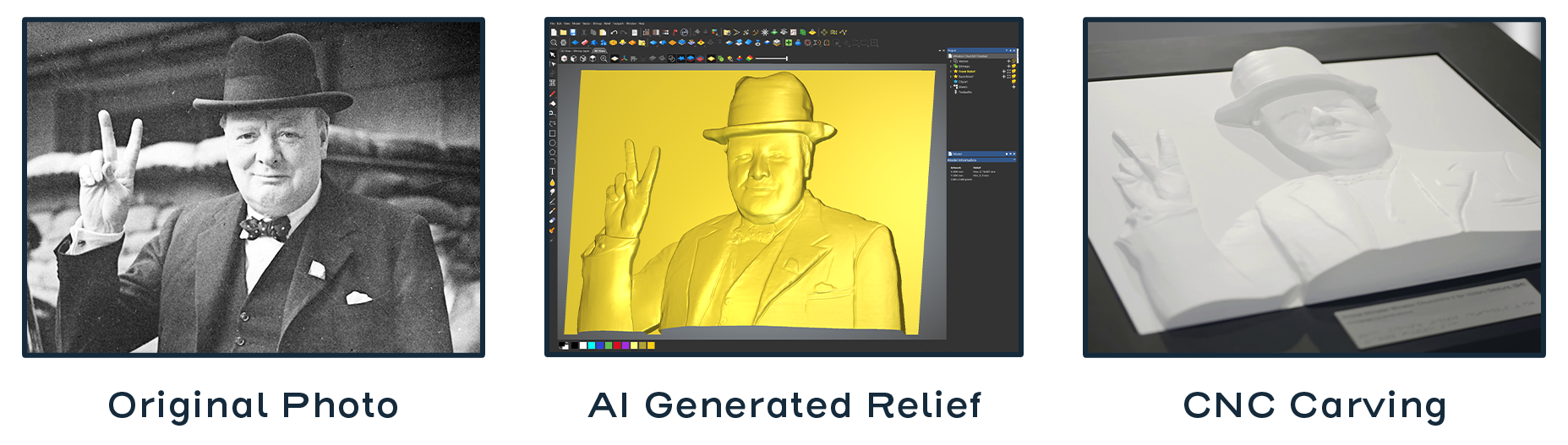 An image of Winston Churchill is on the right, followed by a 3D AI generated relief of the same image in Carveco's software. Finally the finished piece is on the left - a CNC carved plaster version of the relief.